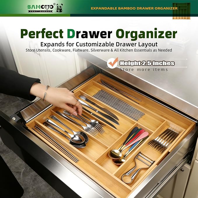 Expandable Bamboo Kitchen Drawer Organizer – Silverware Organizer, Utensil Holder & Cutlery Tray Drawer Dividers for Flatware (20"x16.9" Large Size, 8 Slot, Natural)