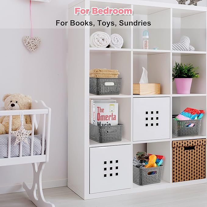 AREYZIN Small Storage Bins Plastic Storage Baskets Set of 6 Sturdy Small Pantry Organizer Bins Organization and Storage Shelves Baskets for Organization, Countertops, Desktops, Cabinets, Bedrooms