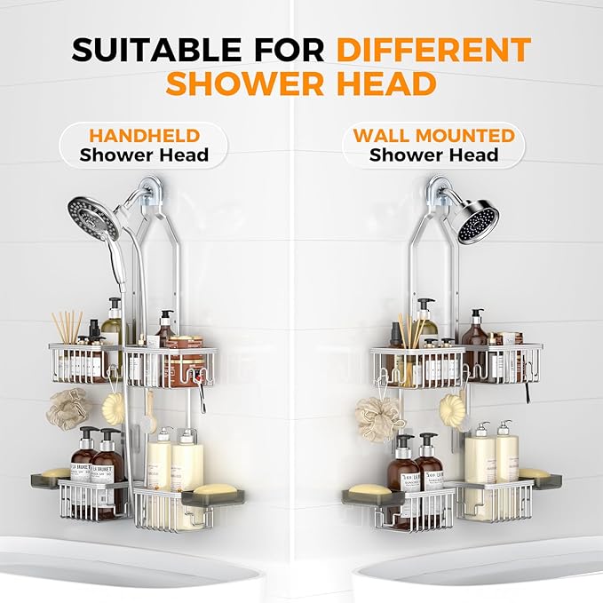 REINHARDT Aluminum Shower Caddy Hanging Adjustable Shower Caddy, Rustproof Hanging Shower Organizer with Hooks Soap Holders, Over Shower Head Caddy for Handheld Showerhead, Silver
