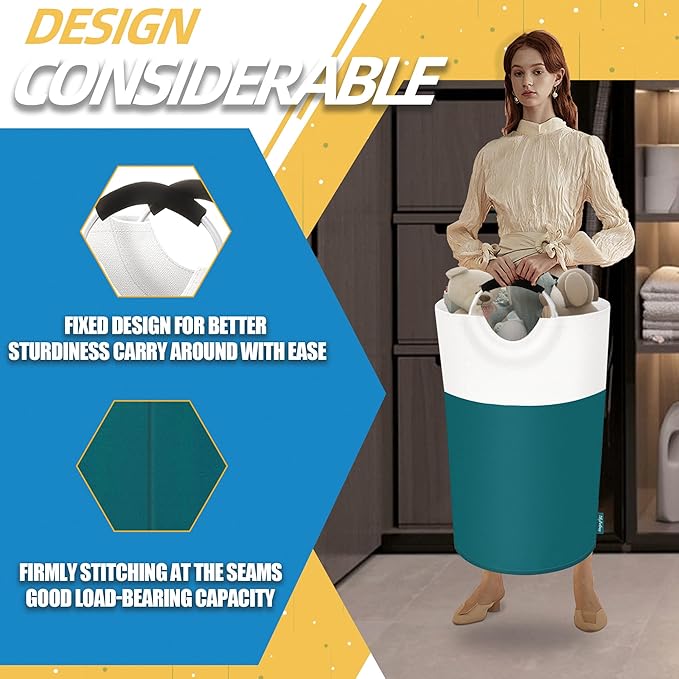 125L Laundry Basket, Collapsible Laundry Hamper with Padded Handles, Waterproof Laundry Bag, Tall Clothes Hamper Stand Up Well, Foldable Laundry Baskets for Easy Storage(Light Blue)