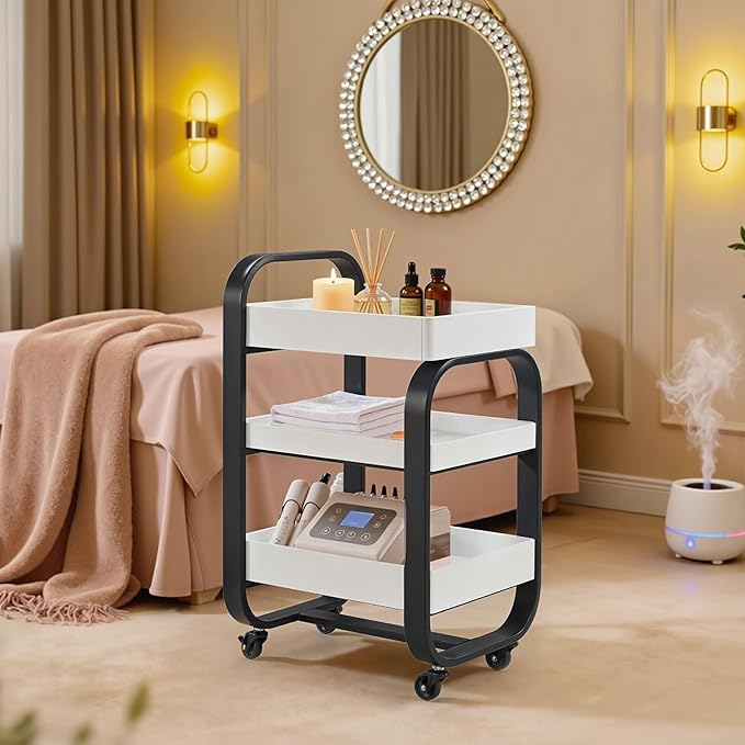 BarberPub Salon Storage Trolley with Shelves, Beauty SPA Rolling Cart with Lockable Wheels, 3-Tier Stylist Tool Organizer, Barber Mobile Station Equipment 2085 (Black&White)