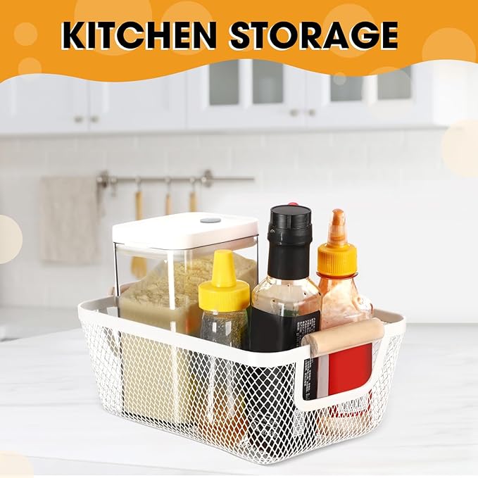 4 Pcs Metal Wire Basket with Wooden Handles Mesh Steel Storage Organizer Bin Containers for Home Organizing Cabinet Pantry Closet Kitchen Fridge Fruit Makeup Snacks Gifts(Small,Cream White)