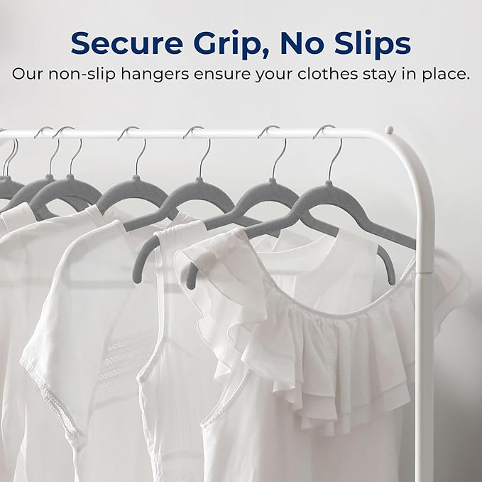 SereneLife 100 Pack Shirt Hangers, Heavy Duty Non-Slip Velvet Hangers with 360° Swivel Hooks, Slim Space-Saving Design for Tops, Jackets, Blouses, & Strappy Dresses (Gray)