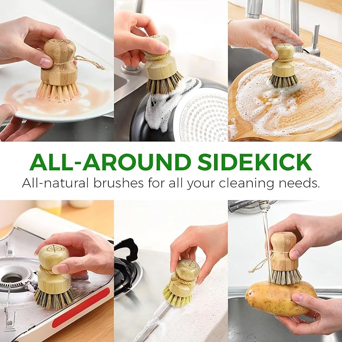 Bamboo Dish Brush Set of 3 - Natural Wooden Dish Scrubber w/Medium Stiff Sisal & Coconut Bristles - Kitchen Scrub Brush for Dishes, Pots & Pans - Plastic Free, Non Scratch Bristles