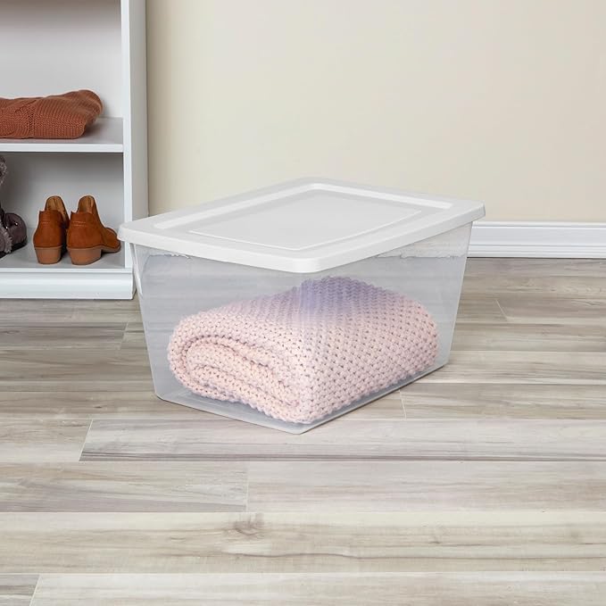 Sterilite 24 Pack Storage Boxes, Clear Plastic Stackable Containers, Lightweight Home Organizers with Snap Lids, 58 Quart, White