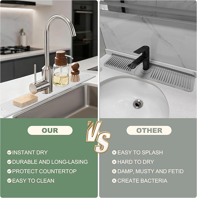 Meiliweser Faucet Mat for Kitchen Sink, Diatomite Quick Drying Stone Mat & Sink Protector, 15.8" x 4" Kitchen Sink Splash Guard, Absorbing Stone Tray for Bathroom Counter (White)