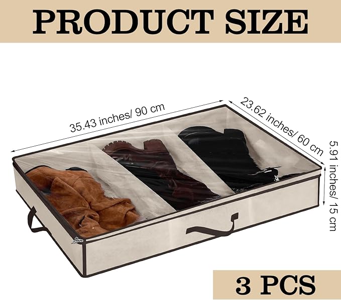 SATINIOR 3 Pcs 3 Section Under Bed Shoe Storage Boot Bag Beige and Brown Underbed Shoe Organizer with Large Clear Pockets Fabric for Storage Men's and Woman's Boots