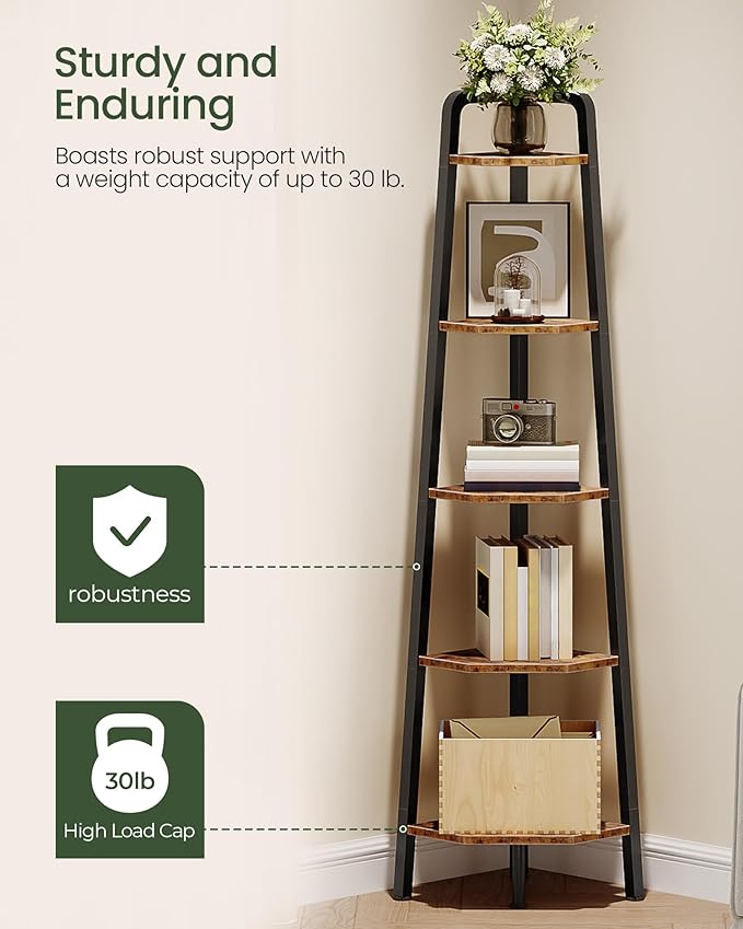 Corner Shelf, 5-Tier Ladder Corner Shelf, Ladder Bookshelf, 59.6" Tall Vertical Display Stand, Metal Frame Bookshelf, for Living Room, Bedroom, Kitchen, Rustic Brown and Black TCJ20BF
