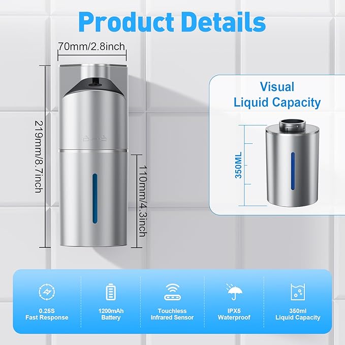 Automatic Soap Dispenser,Touchless Hand Wall Mount Rechargeable 3 Gear Adjustable Electric Soap Dispenser 350ml with Infrared Motion Sensor for Bathroom,Kitchen,Office, Silvery Gel