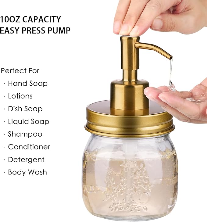 Amolliar Mason Jar Bathroom Accessories Set 4 Pcs -Lotion Soap Dispenser & 2 Qtip Holders & Toothbrush Holder - Rustic Farmhouse Decor, Bathroom Home Decor (Gold)