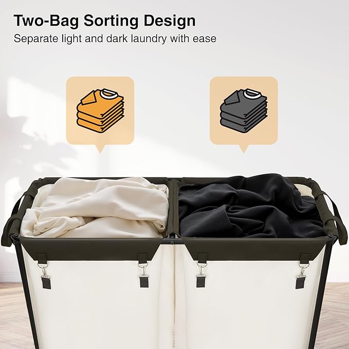 STO STO 280L Rolling Industrial Laundry Hamper with Wheels, 2-Compartment Extra Large Laundry Sorter, Heavy Duty Dirty Clothes Basket Cart with Metal Frame for Home or Commercial Use, Beige