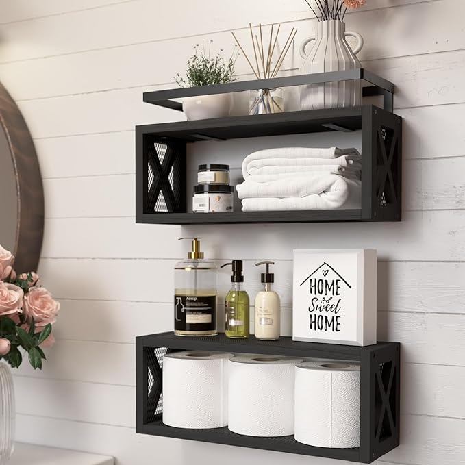 RICHER HOUSE Floating Shelves with Guardrail, Rustic Wood for Wall Décor, Farmhouse Bathroom Accessories Mounted, Organizer over Toilet Storage, Kitchen, Living Room - Black