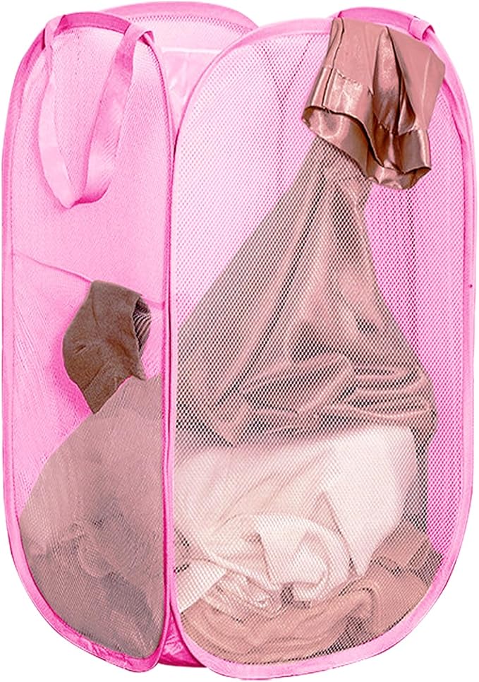 Portable Mesh Pop Up Laundry Hamper Pink Vertical Collapsible Laundry Basket With Strong Handles for Easy Storage, Suitable for Bedroom, College Dorms, Travel, RV