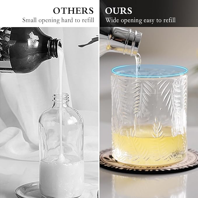 Foaming Hand Soap Dispenser - Glass Foam or Lotion Dispenser for Kitchen & Bathroom, Refillable with Large Silver Pump (Leaf Pattern-Clear)