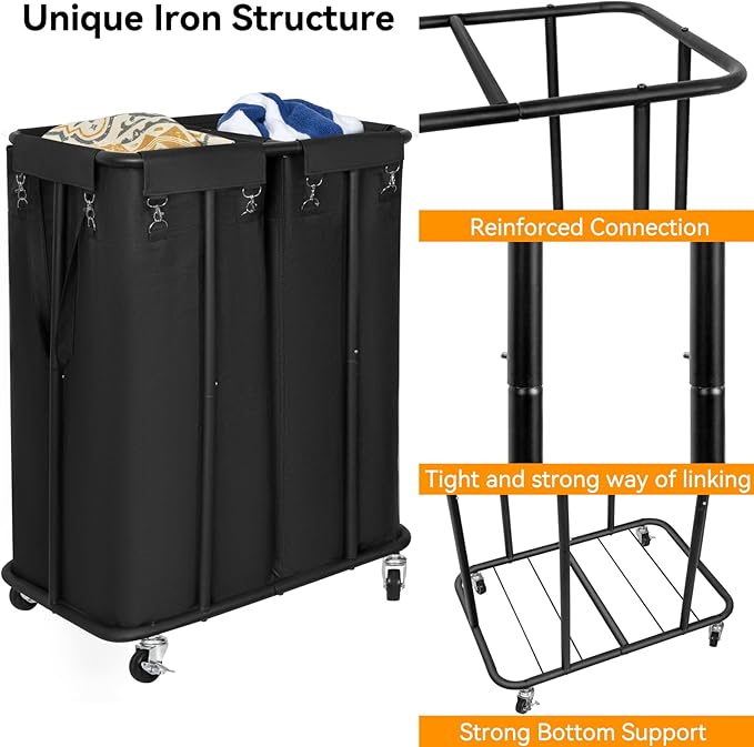 WOWLIVE Double Laundry Hamper with Wheels 170L Rolling Laundry Basket Organizer Laundry Cart with Steel Frame and Removable Bags Large Dirty Clothes Hamper Dorm Room Storage for Bedroom (Black)