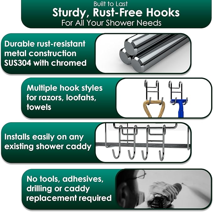 Shower Caddy With Hooks - Razor Holder and Loofah Hanger 2 Pack Silver