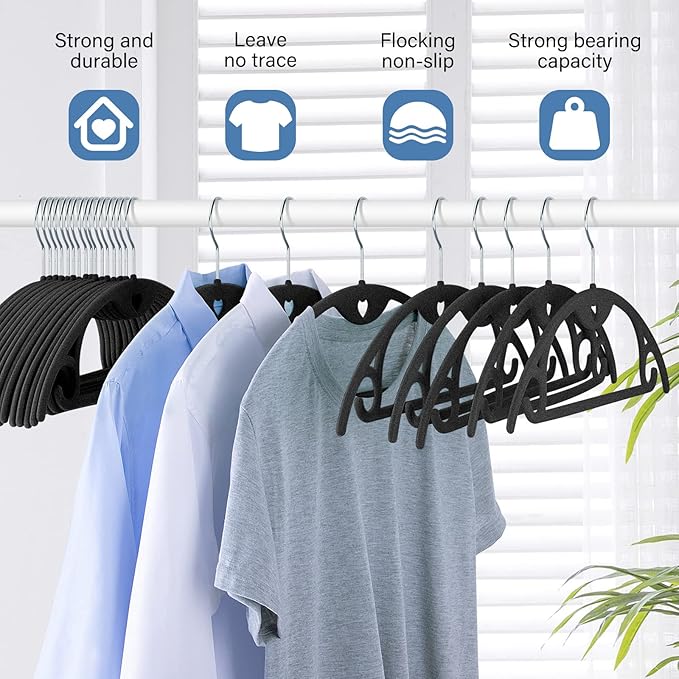IEOKE Velvet Hangers 50 Pack: Felt Clothes Hangers Heavy Duty Shirt Sweater Hangers No Shoulder Bump Non Slip Slim Thin Coat Hangers for Closet - Black