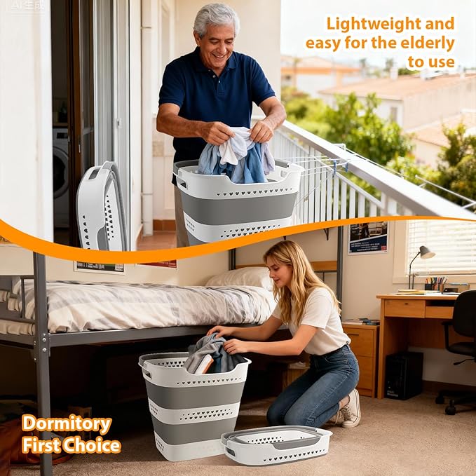 3 Pcs 42L Medium Collapsible Plastic Laundry Basket with Handles, Foldable Laundry Basket Hamper, Pop Up Storage Container Organizer for Washing Storage (Gery, 17 Inch * 13 Inch * 15 Inch)