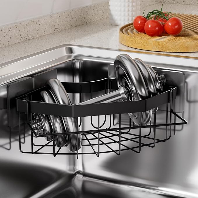 Corner Sink Sponge Drying Rack with Towel Bar, Black Stainless Steel, Multipurpose Kitchen Organizer, Self-Adhesive Installation