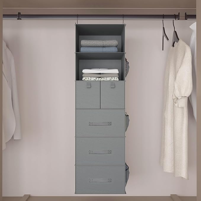 6-Shelves Hanging Closet Organizer with 5 Different Drawers, Foldable Closet Organizers and Storage for Wardrobe, Closet& RV, Clothes and Accessories Storage, Non-Woven Fabric, Gray