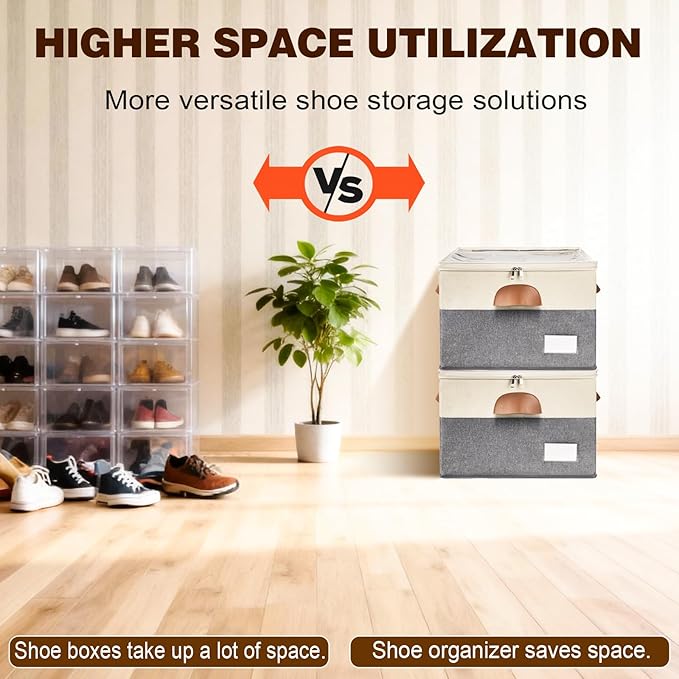 2 Pack Shoe Organizer for Closet, Adjustable Shoe Box Storage Containers, Large Foldable Shoe Bins with Clear Cover, Space Saving Shoes Holder with 4 Handles, Fits 16-32 Pairs, Beige