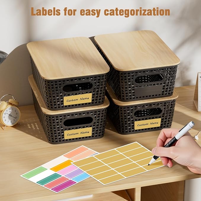 8 PCS Plastic Storage Bins with Bamboo Lid, Stackable Storage Baskets with Lids & Labels for Organizing, Storage Bins for shelves, Office, Drawer, Cabinet & Pantry,Nursery Organization,10.2*7.2*4.1In