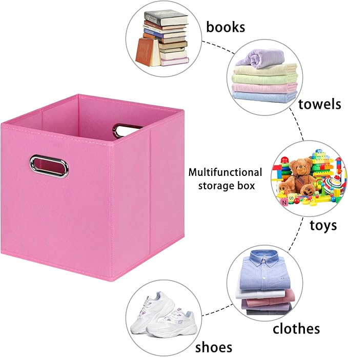 Fabric storage bins Cubes, Fabric Cube Organizer with Handle, Foldable Cube Bins for Cloth or Accessary Storage, 11x11x11, Set of 6, (Pink)