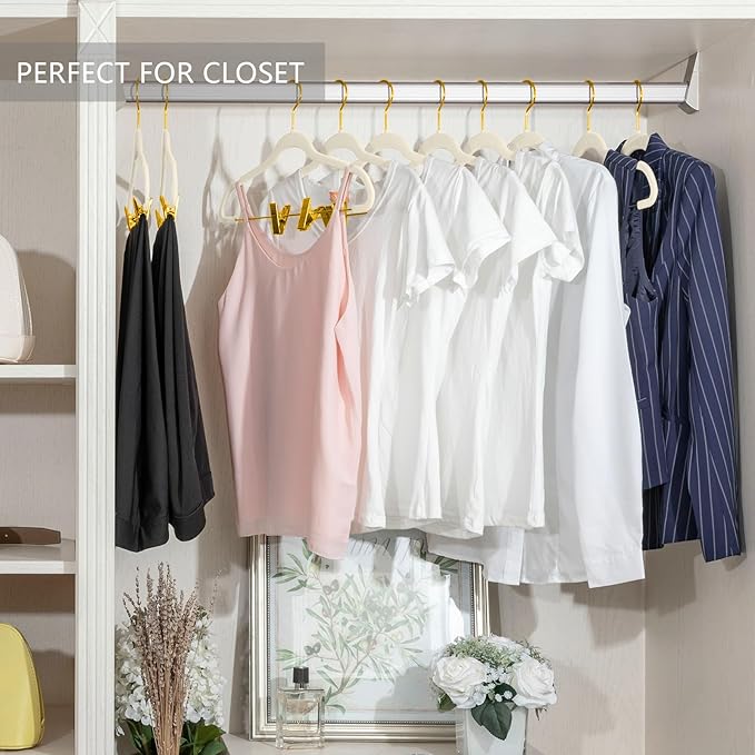 MIZGI Premium Velvet Pants Hangers with Adjustable Clips (Pack of 30) Slim Skirt Hangers- Non Slip Felt Outfit Dress Hangers Ivory - Gold Hooks,Space Saving Shirt Clothes Hangers