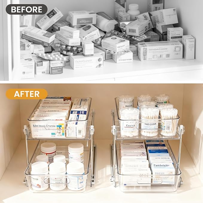 4 Pack Bathroom Organizers and Storage, 2-Tier Clear Under Sink Organizer, Vanity Counter Storage, Medicine Cabinet Organization, Pull-Out Cabinet Organizer With Track For Bathroom, Kitchen, Pantry