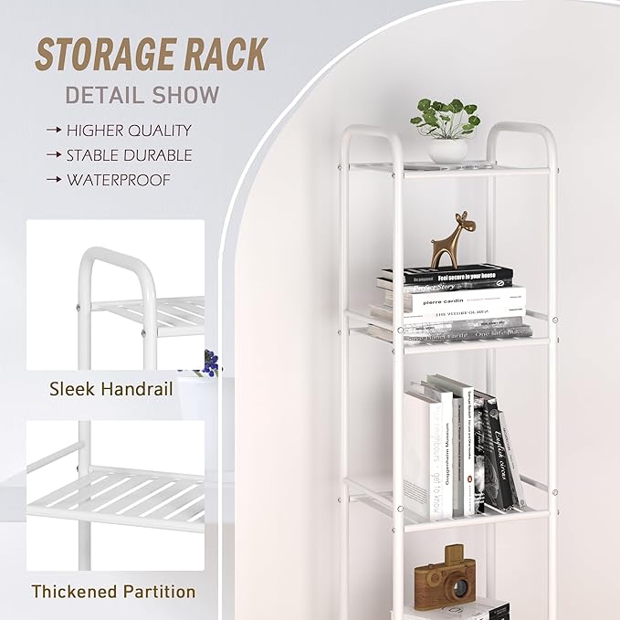 JSB 5 Tier Narrow Bathroom Shelving Unit, Kitchen Storage Rack Organizer Metal Corner Shelf for Living Room Laundry Pantry (Matte White, 5 Tier)