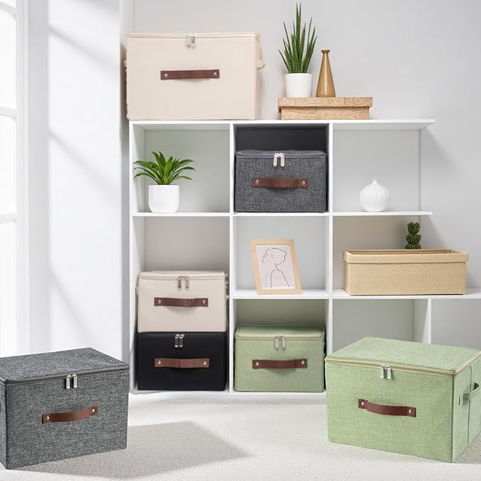 Storage Bins with Zipper Lid Foldable Fabric Lidded Storage Boxes Baskets Cubes Washable Collapsible PU Leather Handle Cotton Linen Fabric Shelf Closet Organizer Container(Gray, Small Size)