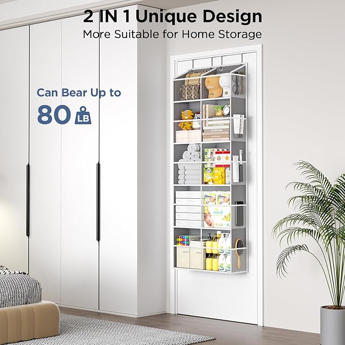PureSpace 5-Tier Over The Door Organizer with 10 Side Mesh Pockets & Clear Windows, 80 lbs Weight Capacity Hanging Storage for Bathroom, Bedroom, Nursery, Kitchen, Organize Shoes, Diapers(Clear Grey)