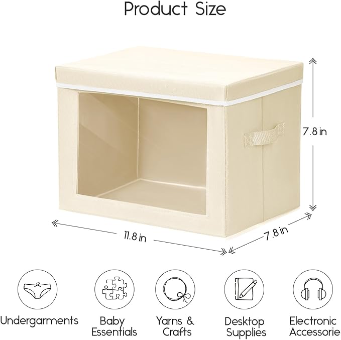 Storage Bins with Lids - Small Fabric Organizers with Window, Collapsible Storage Bins for Clothes, Decorative Closet Organizers for Towels, Tshirt, 3 Pack, Beige