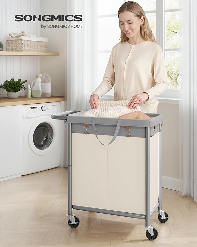SONGMICS Laundry Basket with Wheels, 2-Section Rolling Laundry Hamper, 37 Gallons (140 L), Removable Liner, Steel Frame with Handle, 27.2 x 15.4 x 31.9 Inches, Dove Gray and Cream White URLS004GD02
