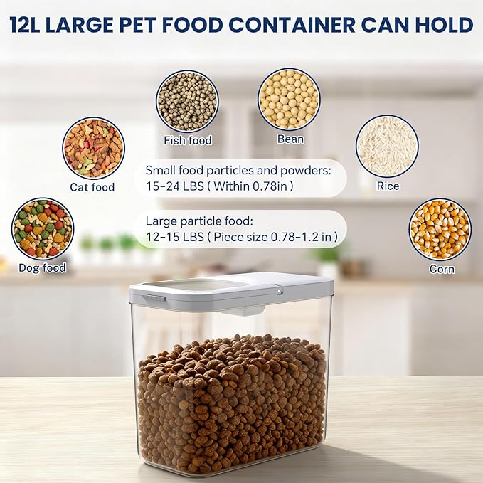 12 Lbs Airtight Dog Cat Food Storage Container and Dog Treat Containers BPA-Free, PET Clear Stackable Pet Storage Bin, 1-Cup Scoop, 1-Sponge cleaning brush, Pop Top, With handle, Easy Mobility