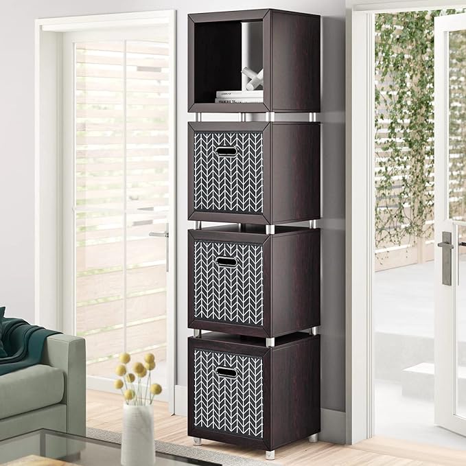 Black Foldable Storage Cubes Bins , Fabric Storage Box Cubes Organizer Baskets with Dual Handles for Home Organizer (Grey Wave)