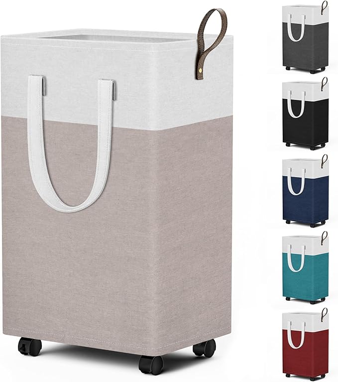 HomeHacks 75L Rolling Laundry Basket with Wheels, Collapsible & Waterproof Laundry Hamper, Mobile Clothes Hamper, Storage Laundry Bins with Handles for Laundry Room, Bedroom, Bathroom & Dor, Khaki