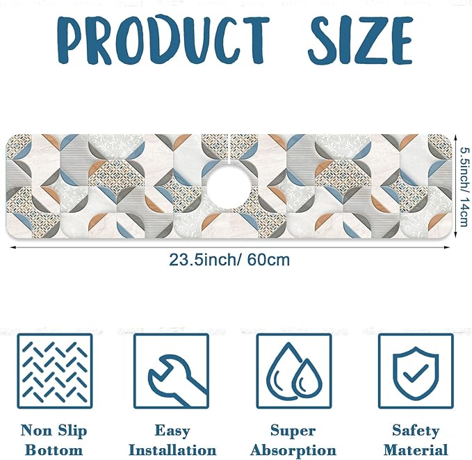 Ceramic Wall Tiles Kitchen Sink Splash Guard Faucet Mat Moroccan Graphics Super Absorbent Fast Drying Mat Sink Splash Guard Behind Faucet for Kitchen Bathroom, 23.5"x5.5"