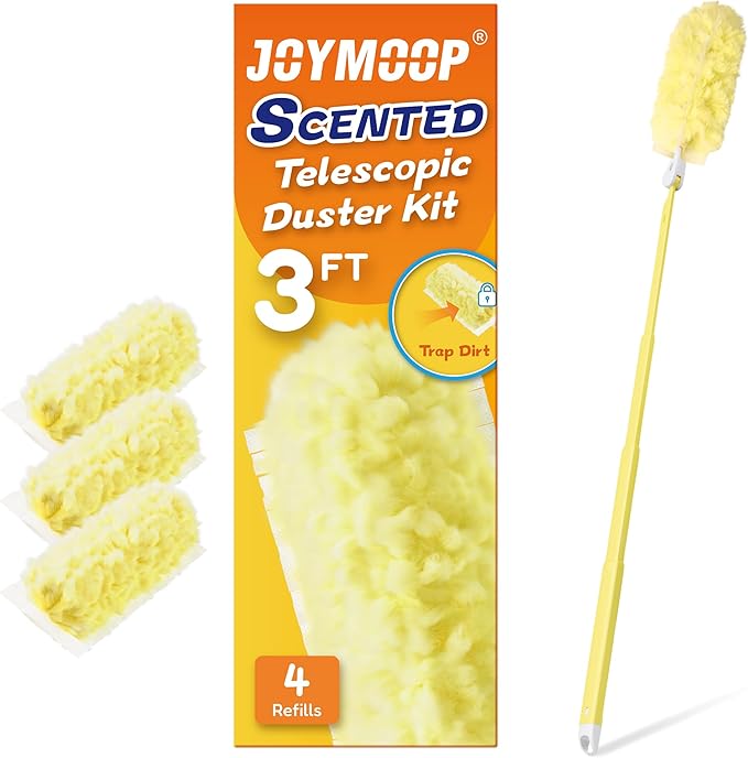 JOYMOOP Scented Telescopic Duster kit, 3FT Extendable Handle (Yellow) + 4 Yellow Refill Heads – Easy Cleaning for Ceilings, Ceiling Fans, Blinds, Vents & Shelves