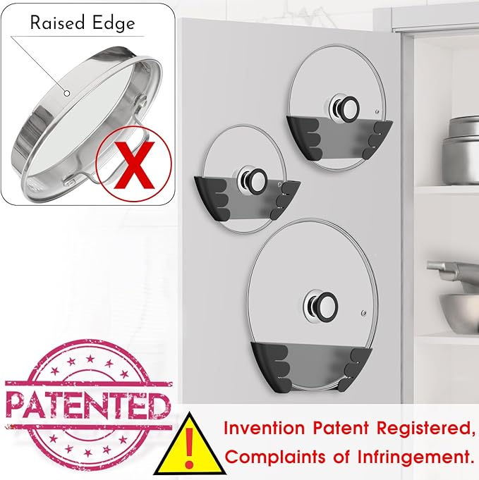 Universal Pot Lid Organizer for Cabinet - Upgraded Patented Niceyos 3 Pack Inside Cabinet Door Wall Mount Pan Top Storage Organizer Rack Holder for Kitchen, Fits 6" to 13" (Black)