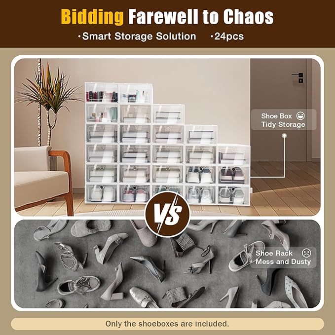 24 Pack Shoe Storage Boxes, Clear Plastic Stackable Shoe Organizer, Foldable Shoe Rack, Angel White | Space-Saving Home & Office Organizatio