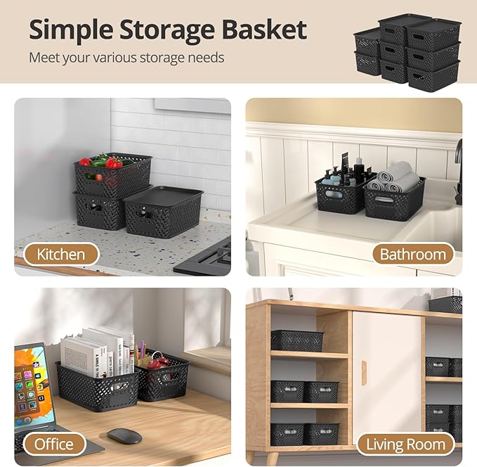 Plastic Storage Bins with Lid, Stackable Small Box Basket for Organizing and Containers for Shelves Drawers Desktop Closet Playroom Pantry Classroom Office Home, 8-pack 10.2x7.2x4.1 Inch, Black