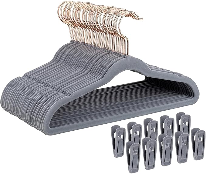 Kids Velvet Hangers 30 Pack - 14 Inch Premium Non Slip Kids Felt Hanger for Clothes - Ultra Thin Baby Felt Hangers for Youth Childrens' Closet with 10 Hanger Clips - Gray
