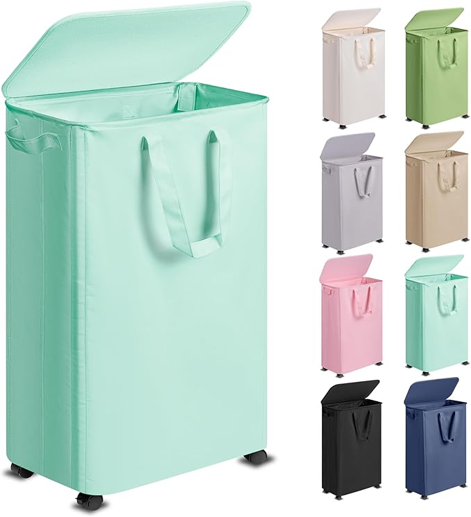 Slim Laundry Hamper with Lid and Wheels, Small Rolling Laundry Basket with Handle for Small Spaces, Tall Dirty Clothes Hampers for Dorm, Bathroom and Bedroom, 75L, Light Blue