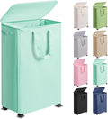 Slim Laundry Hamper with Lid and Wheels, Small Rolling Laundry Basket with Handle for Small Spaces, Tall Dirty Clothes Hampers for Dorm, Bathroom and Bedroom, 75L, Light Blue