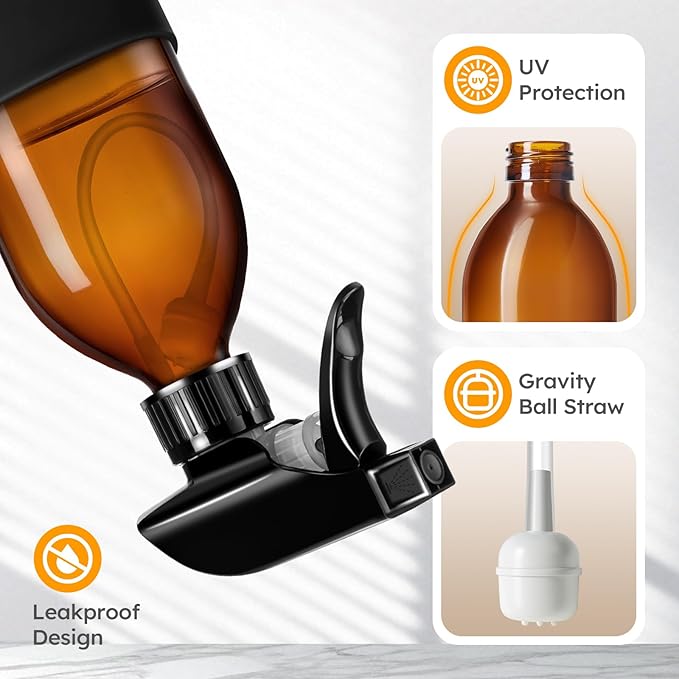 Tecohouse 2 Pack 360° Amber Glass Spray Bottles with Silicone Sleeve, 8 oz Empty Refillable Containers with Adjustable Spray Nozzles, Dark Spray Bottles for Cleaning Solutions, Plants (Black & Brown)