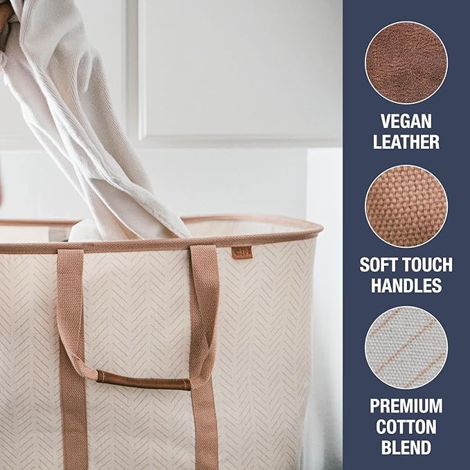 CleverMade Collapsible Laundry Caddy -LUXE Cream Herringbone 2Pack 64L -Foldable Storage Organization Container Clothes Laundry Room Storage Solution