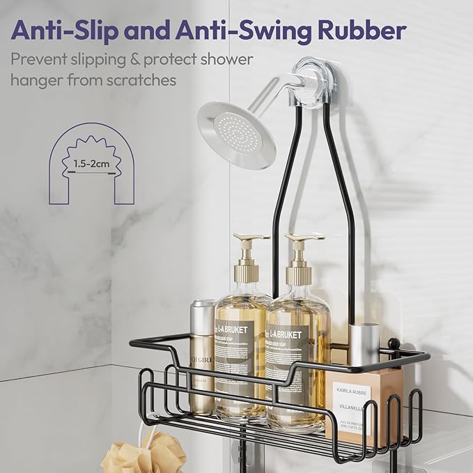 SWTYMIKI Bathroom Shower Caddy Hanging - 3 Tier Rustproof Over Shower Head Organizer, No Drilling Bathroom Shelf with 16 Hooks & Soap Holder, Anti-Swing Rack for Shampoo,Sponge,Towel, Black, Medium
