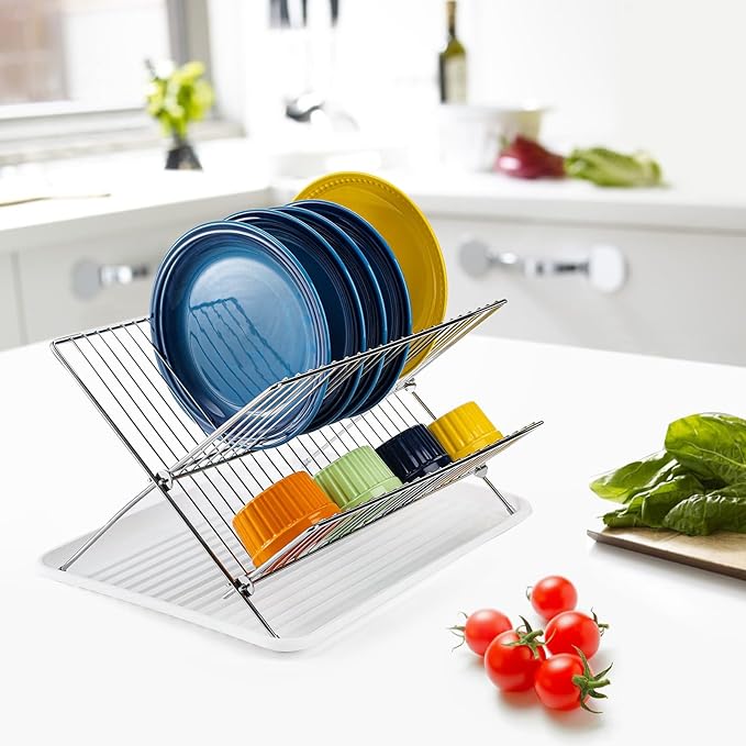 Youeon Foldable Dish Drying Rack with Drip Tray, Stainless Steel 2 Tier Dish Drainer Rack, Collapsible Dish Drainer, Folding Dish Rack for Kitchen Sink, Countertop, Cutlery, Plates, Dishes