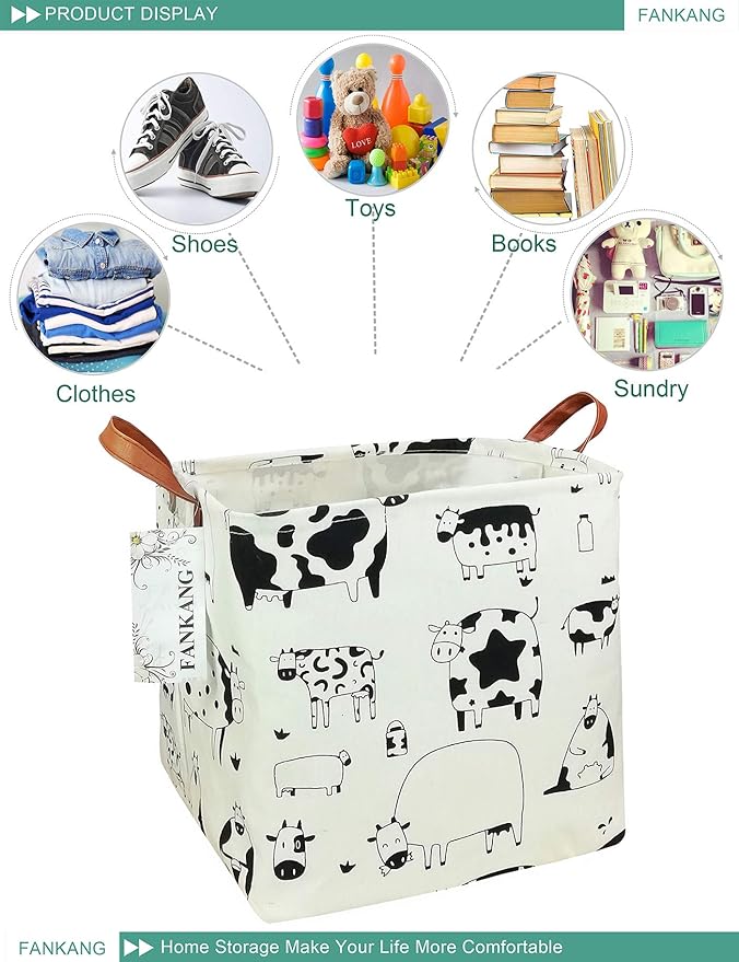 FANKANG Square Nursery Hamper Storage Bins Canvas Laundry Basket Foldable with Waterproof PE Coating Storage Baskets Gift Baskets for Children, Office, Bedroom, Clothes（Square-Cows ）